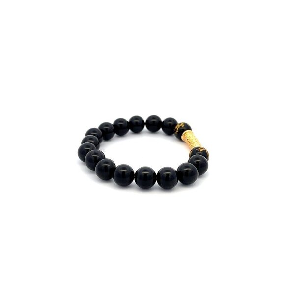 18K Gold Tube Lucky Charm Bracelet Gemstones Black Carved Onyx 8mm - Picture 3 of 5